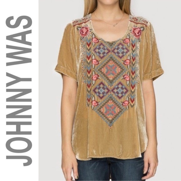 Johnny Was Jody Velvet Short Sleeve Tunic Shirt Embroidered Size Small Tan Gold